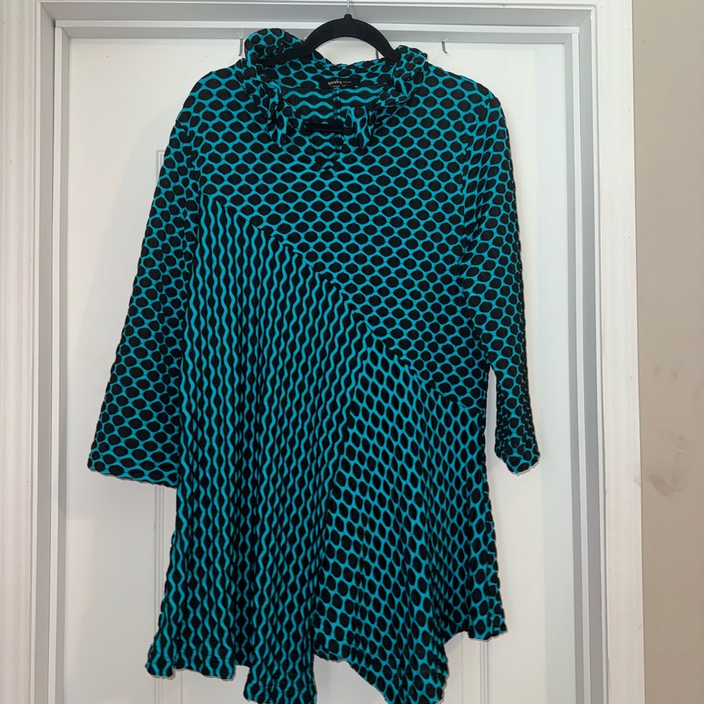 Multicolored A-Line Dress with Cowl Neck and 3/4 Sleeves